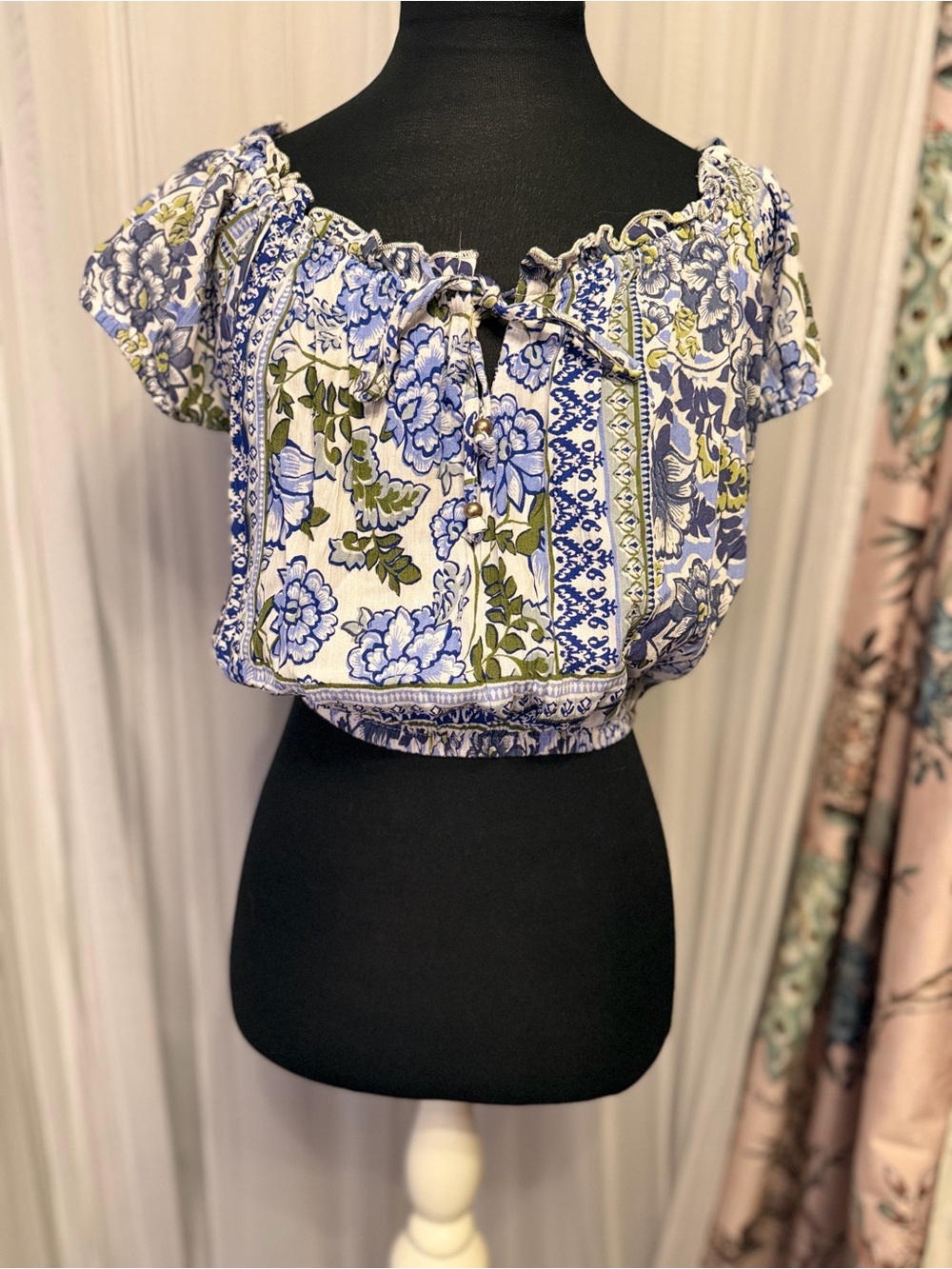 Angie Blue & White Floral Off-Shoulder Crop Top